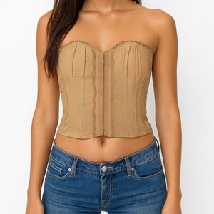 Vintage Y2K Marianne Tan Strapless Corset Top Smocked Lace Trim Large (Junior)